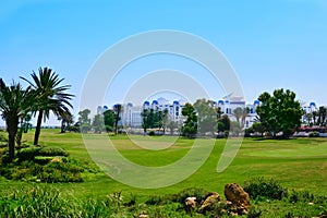 Golf course on the background of hotels by the sea. Tunisia, Sousse, El Kantaoui 06 19 2019