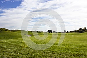 Golf course in Belek. Green grass on the field. Blue sky, sunny