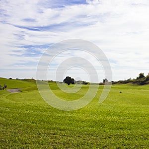 Golf course in Belek. Green grass on the field. Blue sky, sunny
