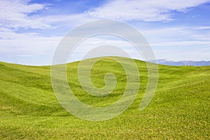 Golf course in Belek. Green grass on the field. Blue sky, sunny