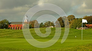 Golf course with a church