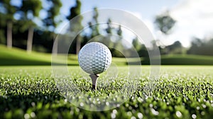 Golf course, with a close-up of the golf ball on a tee.