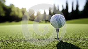 Golf course, with a close-up of the golf ball on a tee.