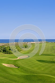 Golf course green grass near sea ocean