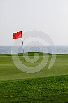Golf course with green grass and red pin flag, sea background