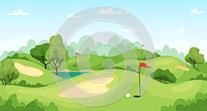 Golf course. Green landscape with flags and sand ground, golf cart on lawn, course for tournament game golf vector