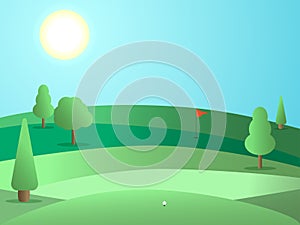 Golf course with a hole and a red flag. Landscape with green fields and trees. Sunny day. Vector