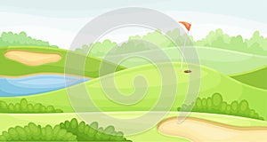Golf course with hole, red flag and sand traps. Green summer countryside beautiful landscape vector illustration