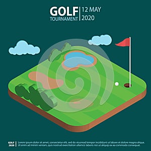 Golf course isometric landscape, hole with flag an ball. Golf-club Sport Composition. Vector