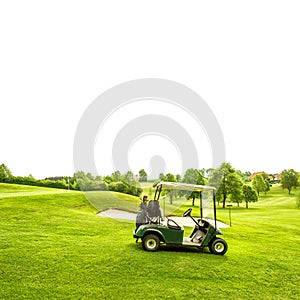 Golf course lanscape and a cart over white. Spring field