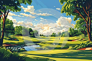 Golf course with lush greens, serene water features, and a dynamic sky hinting at a perfect day for golf