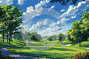 Golf course with lush greens, serene water features, and a dynamic sky hinting at a perfect day for golf