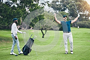 Golf course, men friends and celebration for winning, eagle shot or training together with happiness. Black man, golfer