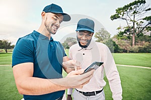 Golf course, men and friends with talk for using phone, smile and personal trainer with video for training together