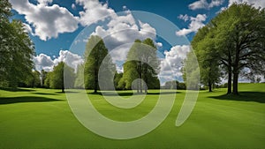 golf course in the morning a spring park with green grass and trees under a blue sky with clouds The photo shows a wide view