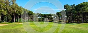 Golf course panorama with beautiful sky. Landscape view of golf course in Turkey Belek