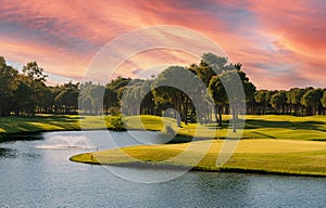 Golf course panorama at sunset with beautiful sky
