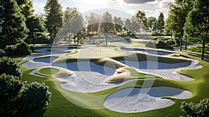 Golf course with sand traps, green fairways, and trees bathed in sunlight