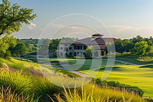 A golf course showcasing a professionally manicured green with a house in the background, A 19th hole clubhouse nestled amidst a