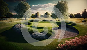 Golf course in a sunny day background. Generative AI