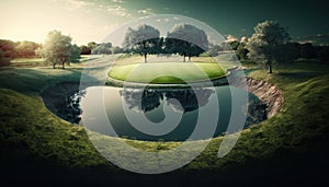 Golf course in a sunny day background. Generative AI