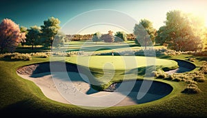 Golf course in a sunny day background. Generative AI