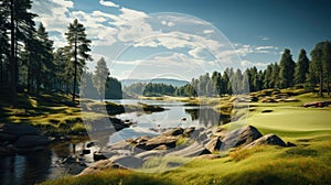 Golf course in a sunny day background GenerativeAI