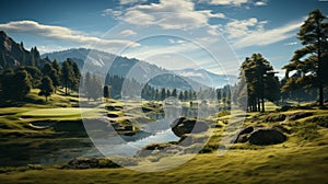 Golf course at sunny day. Generative AI.