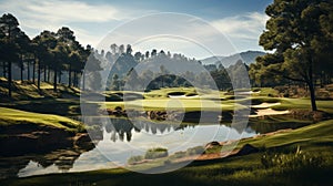 Golf course at sunny day. Generative AI.