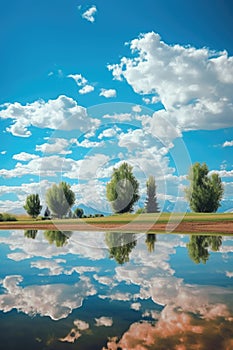 golf course water hazard with reflection of sky