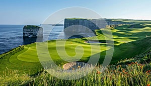 Golf course on white cliffs by sea with iconic rock arches, stunning panoramic view