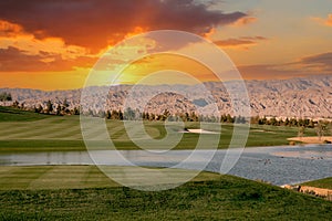 golf courseat sunset in palm springs, california