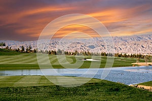 golf courseat sunset in palm springs, california