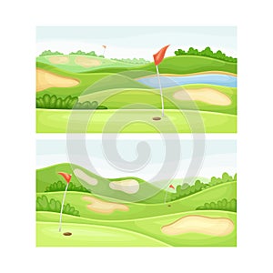 Golf courses at sunny day set. Green field, pond, sand bunker and red flags vector illustration