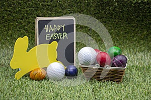 Golf Easter with golf ball and Easter eggs on green grass