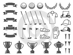 Golf elements collection. Tee icons, ball silhouettes, cup stickers and ribbons, ball markers and putter badges. Sport game