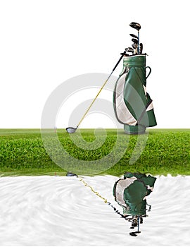 Golf equipment , golf bag ,putter ,ball on green with beautiful light reflect on the water isolated on white background