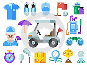 Golf Equipment and Clothes Icons in Flat