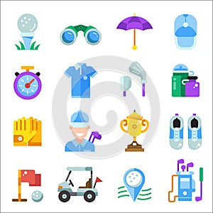 Golf Equipment and Clothes Icons in Flat