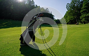 Golf equipment at the course on sunny day. Golf bag on the fairway