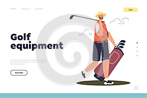 Golf equipment for professional game concept of landing page with man golf course worker carry clubs