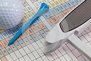 Golf equipments lying on a golf score card