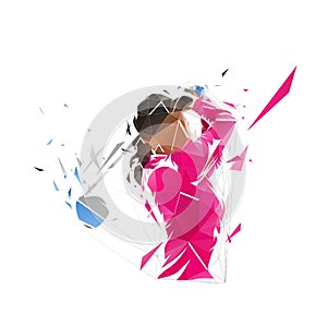 Golf, female golfer logo, isolated low polygonal vector illustration, geometric drawing from triangles. Golf swing. Young active