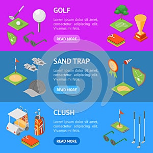 Golf Game Equipment Banner Horizontal Set Isometric View. Vector