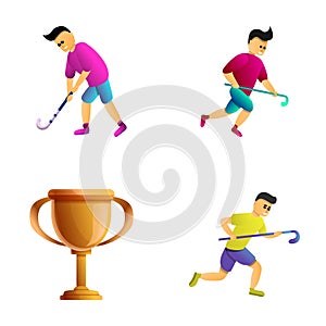 Golf game icons set cartoon vector. Golf player with club and golden cup