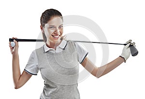 Golf gives good vibes. Studio shot of a young golfer holding a golf club behind her back isolated on white.