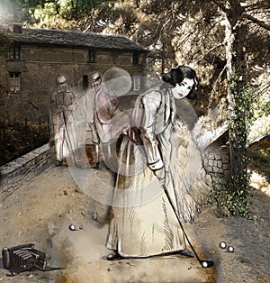 Golf, golfer. Vintage woman in front of an audience. Mixed media.