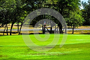 Golf Green in Central Texas lined with Trees with a lonestar Texas flag as golf flag