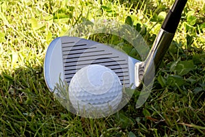 Golf Iron Club and Golf Ball in Rough Grass