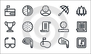 Golf line icons. linear set. quality vector line set such as gps, sunglasses, iron, driver, trophy, water, umbrella, golf ball